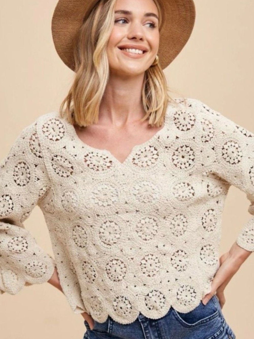 Women’s Cream Crochet V-Neck Sweater